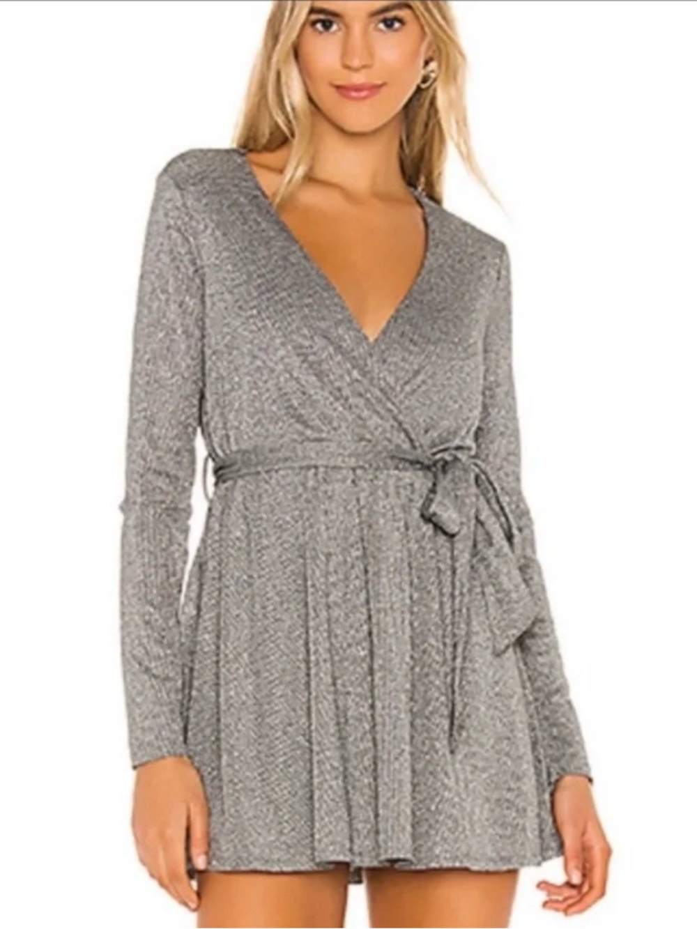 NWT Lovers + Friends Silver Sparkle Mini Wrap Dress Sz S